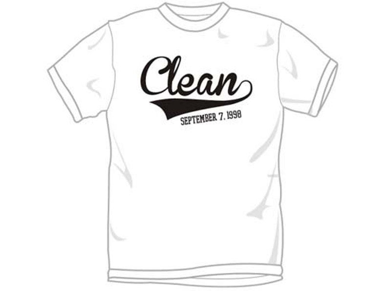 May include: White t-shirt with black text that reads "Clean" with a black baseball-style arc underneath and the date "September 7, 1998" underneath the arc.
