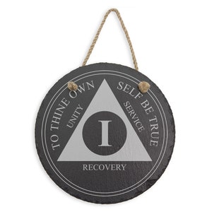 AA Medallion Hanging Plaque, Laser Engraved Traditional Alcoholics Anonymous Token Design Natural Stone Engraved Slate Sign