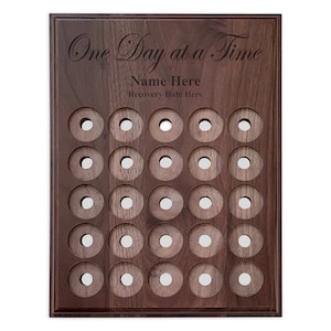 25 Space One Day at a Time Recovery Coin Holder, Personalized Medallion Display Plaque for AA or NA Chips | Walnut Plaque