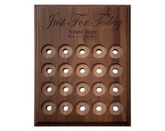 Just For Today Recovery Coin Holder, Personalized 20 Space Walnut Display Plaque | A perfect way to display your AA or NA Tokens