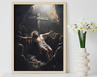 Op de afbeelding: Een schilderij dat een donkere scène van Jezus Christus aan het kruis afbeeldt, omringd door figuren in een grotachtige omgeving. Het schilderij is ingelijst in een licht houten lijst.