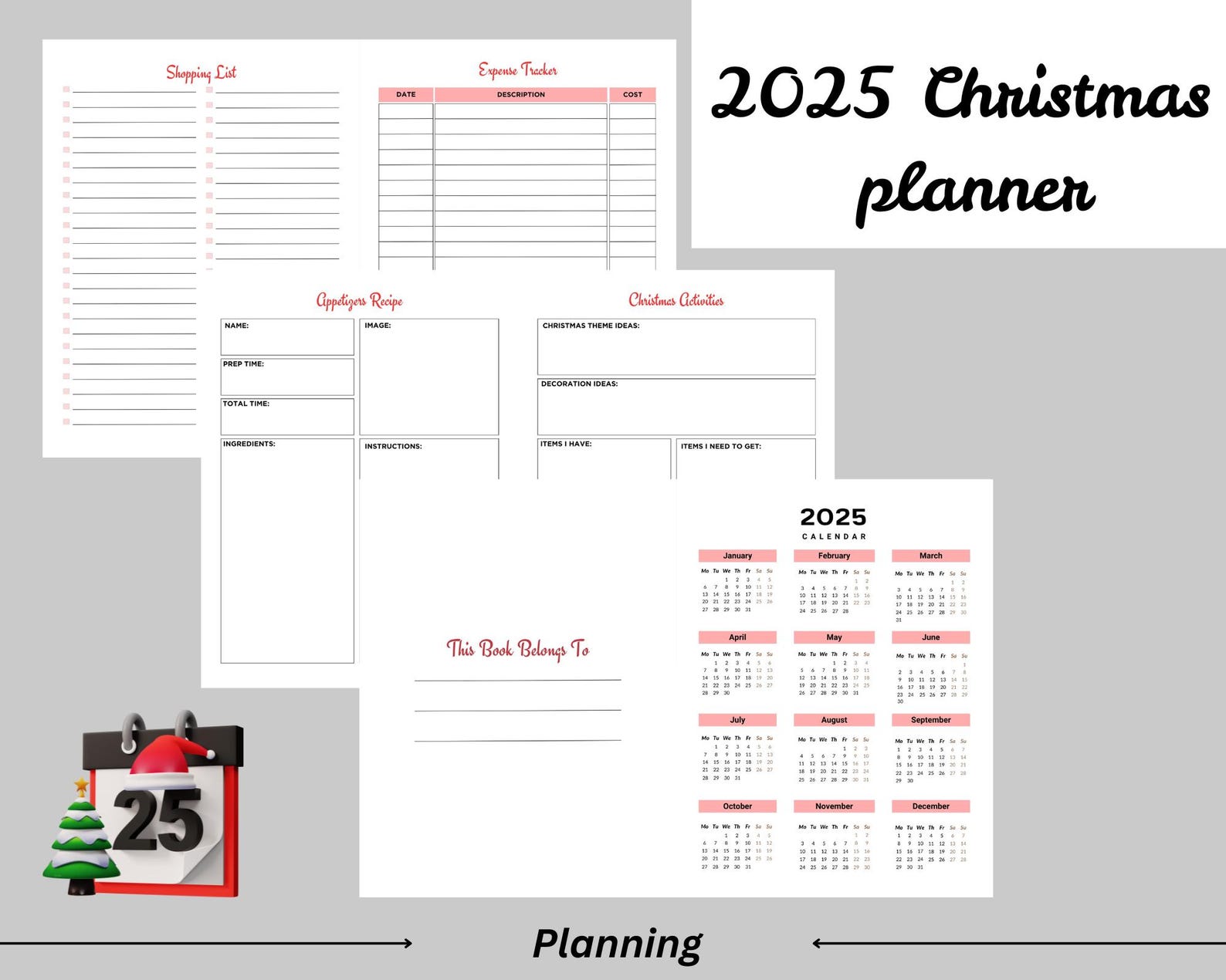 Editable 2025 Christmas Planner, 2025 Holiday Digital Planner, Xmas