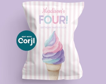 Editable Ice Cream Birthday Party Favor Chip Bag - I Scream, You Scream We All Scream FOUR Ice Cream - 4th BDay - Digital Download - D0006