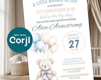 Boy Bear & Balloons Baby Shower Invitation - Mom To Be - 5x7 Invite Template - Instant Digital Download - DIY Printable, Shareable - D0044