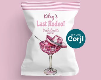 Editable Disco Cocktail Cowgirl Hat Bachelorette Party Kit Chip Bag - Bride to Be Party Favor - Last Rodeo - DIY Digital Download - D0042