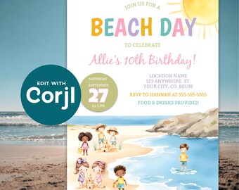 Editable Beach Day Birthday Party Invitation - Summer Birthday - Summer Party Template - Kids Birthday - DIY - Digital Download - D0029
