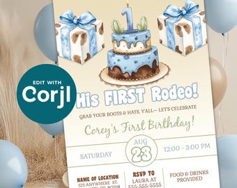 Editable His First Rodeo Birthday Party Invitation - First Birthday Party Template For Boy - Kids Birthday - DIY - Digital Download - D0038