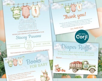 Editable Locally Grown Baby Shower Invitation Set - Mom-to-be 5x7 Invite Template - Instant Digital Download DIY Printable Shareable - D0039