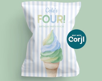 Editable Ice Cream Birthday Party Favor Chip Bag - I Scream, You Scream We All Scream FOUR Ice Cream - 4th BDay - Digital Download - D0007