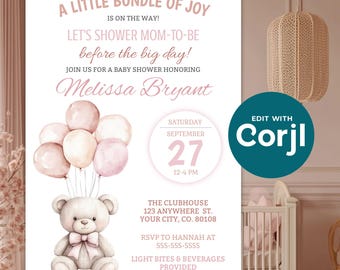 Girl Bear & Balloons Baby Shower Invitation - Mom To Be - 5x7 Invite Template - Instant Digital Download - DIY Printable, Shareable - D0045