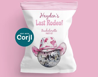 Editable Cowgirl Hat & Disco Ball Bachelorette Party Kit Chip Bag - Party Favors For Bride to Be - Last Rodeo - DIY Digital Download - D0041