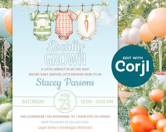 Editable Locally Grown Baby Shower Invitation - Mom-to-be 5x7 Invite Template - Instant Digital Download - DIY Printable, Shareable - D0039