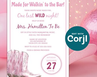Editable Pink Cowgirl Boots Bachelorette Party Invitation - Template For Bride to Be - Last Rodeo - DIY Digital Download - D0043