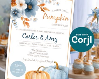 Editable Floral & Pumpkins Baby Shower Invitation - 5x7 Invite Template - Instant Digital Download - DIY Printable, Shareable - DIY - D0049