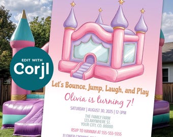 Editable Girls Bounce House Birthday Party Invitation - Birthday Party Template For Girl - Kids Birthday - DIY - Digital Download - D0040