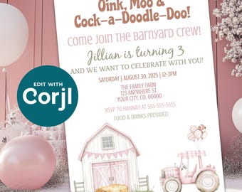 Editable Floral Barnyard Birthday Party Invitation - Farm Animals Party Template For Girl - Kids Birthday - DIY - Digital Download - D0031