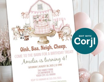 Editable Floral Barnyard Birthday Party Invitation - Farm Animals Party Template For Girl - Kids Birthday - DIY - Digital Download - D0030