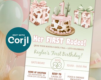 Editable Her First Rodeo Birthday Party Invitation - First Birthday Party Template For Girl - Kids Birthday - DIY - Digital Download - D0037
