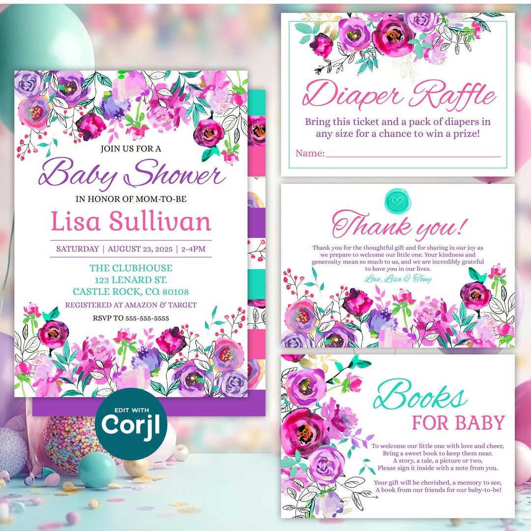 Editable Floral Baby Shower Invitation Set - Mom-to-be - 5x7 Invite ...
