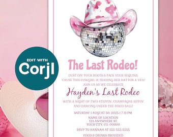 Editable Cowgirl Hat & Disco Ball Bachelorette Party Invitation - Party Template For Bride to Be - Last Rodeo - DIY Digital Download - D0041