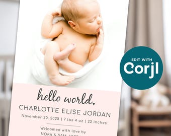 Editable Photo Birth Announcement Template - DIY Baby Announcement - Birth Stats Template - Editable Digital Download Template - D0028