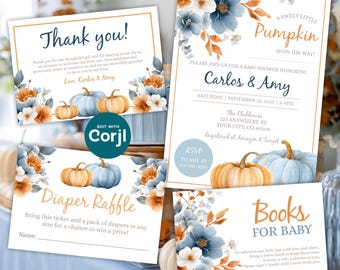 Editable Floral & Pumpkins Baby Shower Invitation Set - 5x7 Invite Template - Instant Digital Download - DIY Printable, Shareable - D0049