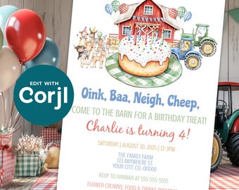 Editable Red Barnyard Birthday Party Invitation - Farm Animals Party Template For Boy - Kids Birthday - DIY - Digital Download - D0032