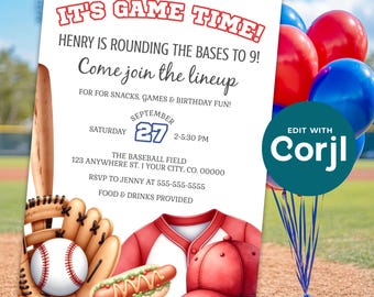 Editable Baseball Game Birthday Party Invitation - Ball Game Party Template For Boy - Kids Birthday - DIY - Digital Download - D0036
