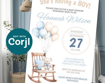 Boy Bear With Balloons & Rocking Chair Baby Shower Invitation - Mom To Be 5x7 Template - Instant Digital Download DIY Printable - D0046