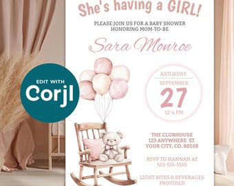 Girl Bear With Balloons & Rocking Chair Baby Shower Invitation - Mom To Be 5x7 Template - Instant Digital Download DIY Printable - D0047