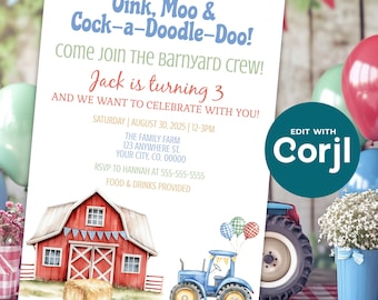 Editable Red Barnyard Birthday Party Invitation - Farm Blue Tractor Party Template For Boy - Kids Birthday - DIY - Digital Download - D0034