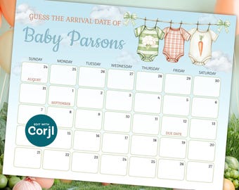 Editable Baby Due Date Calendar - Baby Shower Game - Baby Birthday Prediction - Guess Due Date Game - Instant Digital Download - D0039