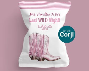 Editable Pink Cowgirl Boots Bachelorette Party Kit Chip Bag - Party Favor For Bride to Be - Last Rodeo - DIY Digital Download - D0043