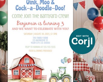 Editable Red Barnyard Birthday Party Invitation - Farm Green Tractor Party Template For Boy - Kids Birthday - DIY - Digital Download - D0033