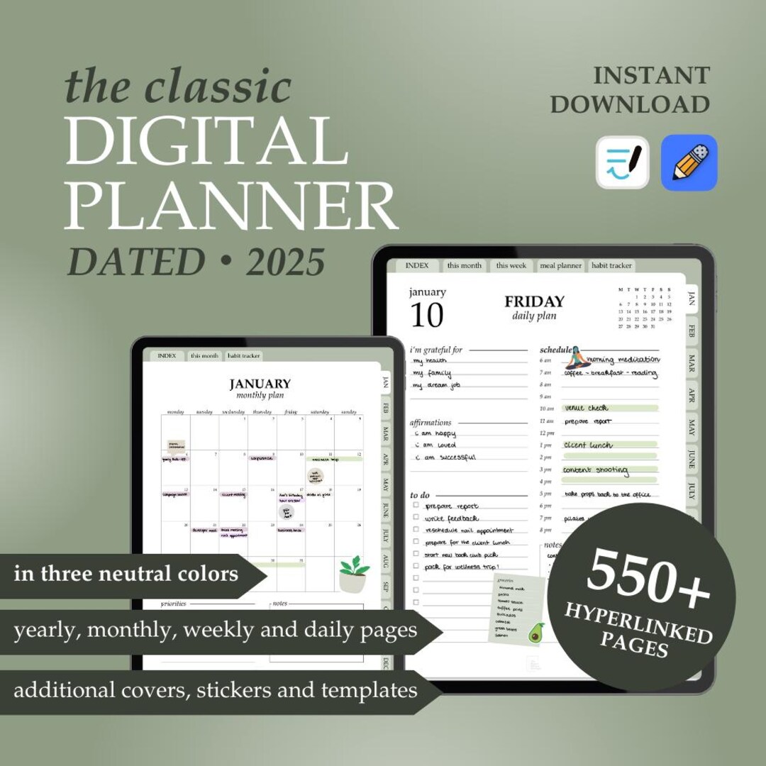 2025 Dated Digital Planner | Hyperlinked Daily, Monthly, Yearly Pages ...
