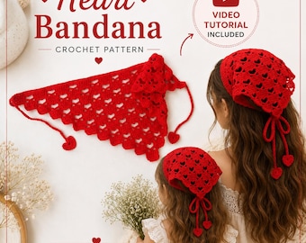 Heart Bandana Crochet Pattern PDF+VideoTutorial, Romantic Crochet Bandana, Heart Motif Kerchief Pattern, Cute Cottagecore Headwrap
