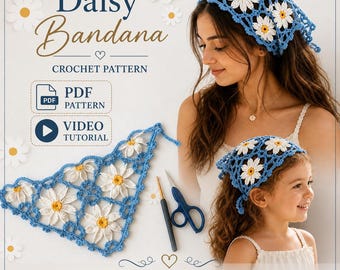 Daisy Bandana Crochet Pattern PDF + Video Tutorial, Floral Granny Motif Headscarf, Summer Boho Headband, Instant Download, Festival Bandana
