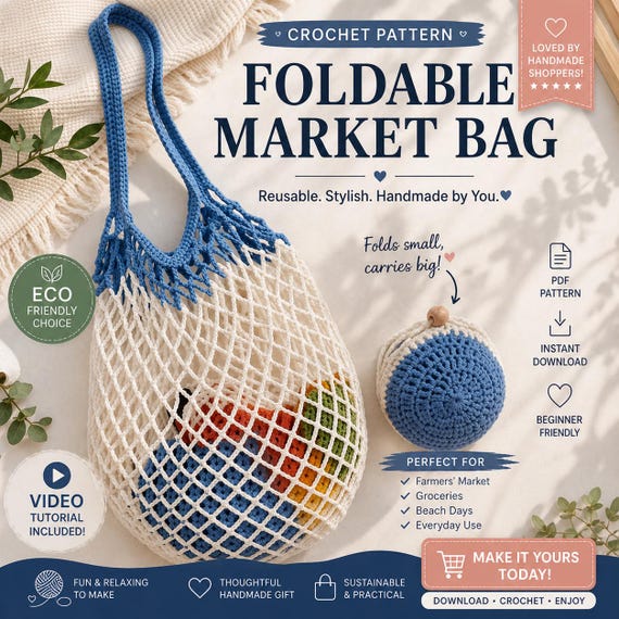Crochet Market Bag Pattern PDF+Video Tutorial – Foldable Net Bag – Reusable Grocery Bag – Beginner Friendly – Instant Download