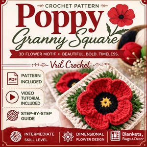 Può includere: Un modello all'uncinetto per un quadrato Granny Poppy, con un motivo floreale 3D. Il design include un modello PDF, un video tutorial e una guida passo passo. Il modello è per livelli di abilità intermedi ed è adatto per coperte, borse e decorazioni.