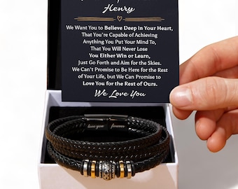 Personalized To Our Grandson Leather Wristband, Custom Name Men's Jewelry, Inspirational Graduation Present