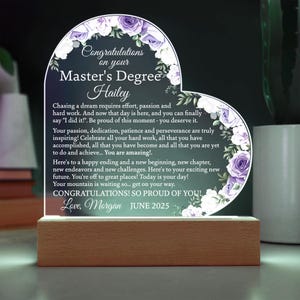 May include: A heart-shaped acrylic plaque with a wooden base, featuring floral accents and text that reads "Congratulations on your Master's Degree Hailey." The text includes a congratulatory message and the date June 2025.