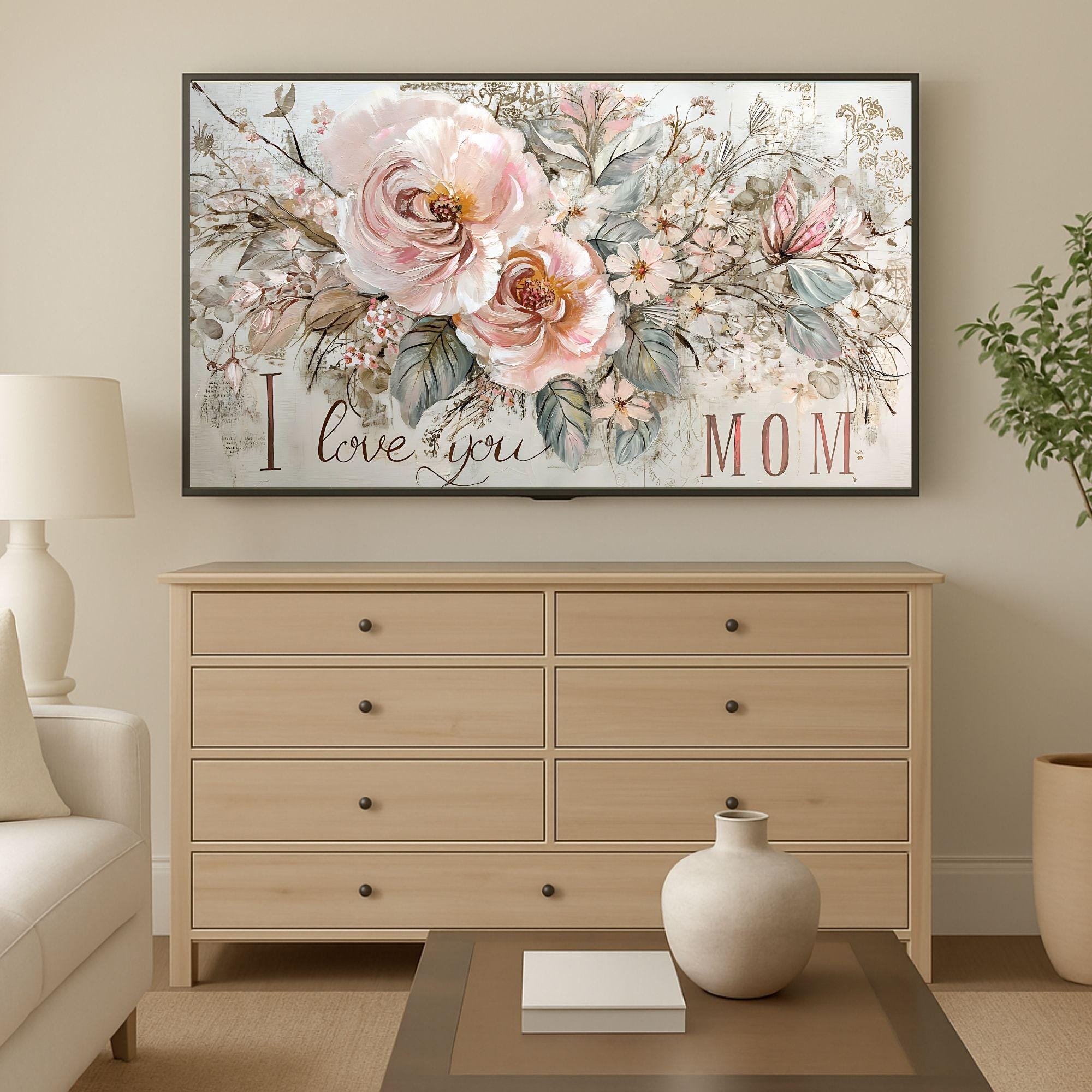 Samsung Frame TV Art, Mother's Day Art | Samsung Frame TV Digital Download, I love you mom, Pink flowers in a romantic vintage floral style