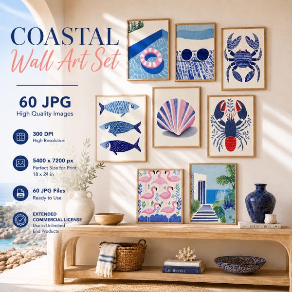 Coastal Poster Bundle, 60 Mid-Century Modern Prints, Blue White Printable Wall Art Set, Mediterranean Coastal, Extended Commercial License
