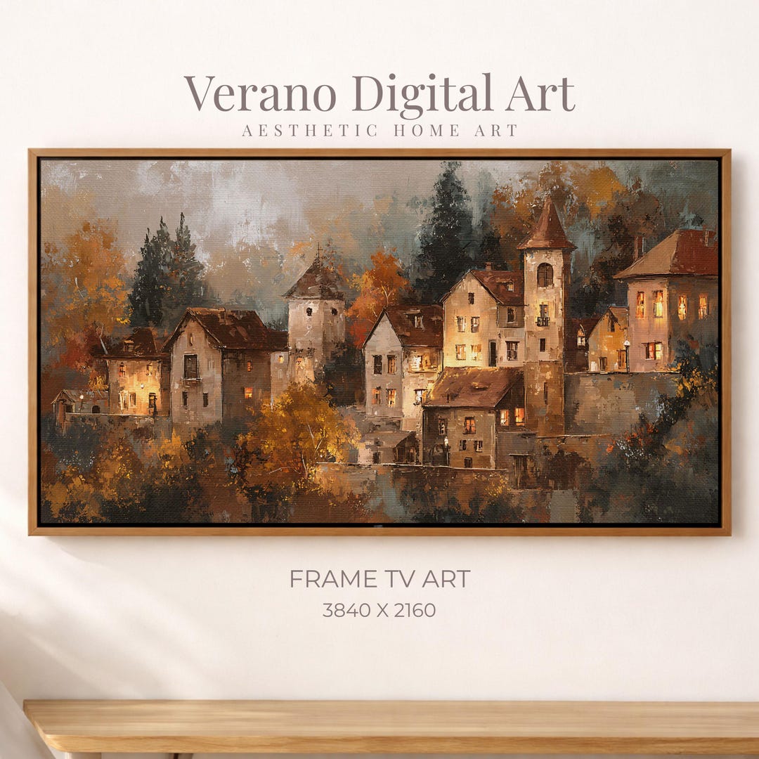 秋のヨーロッパの村のヴィンテージ絵画フレームTVアート、秋の街の絵画