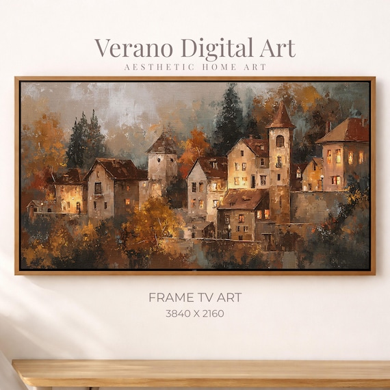 秋のヨーロッパの村のヴィンテージ絵画フレームTVアート、秋の街の絵画