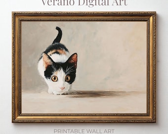 Curious kitten afdrukbare muurkunst, schattige kat schilderij, neutrale dierenprint, decor kinderkamer, minimalistische kat kunst aan de muur, digitale download