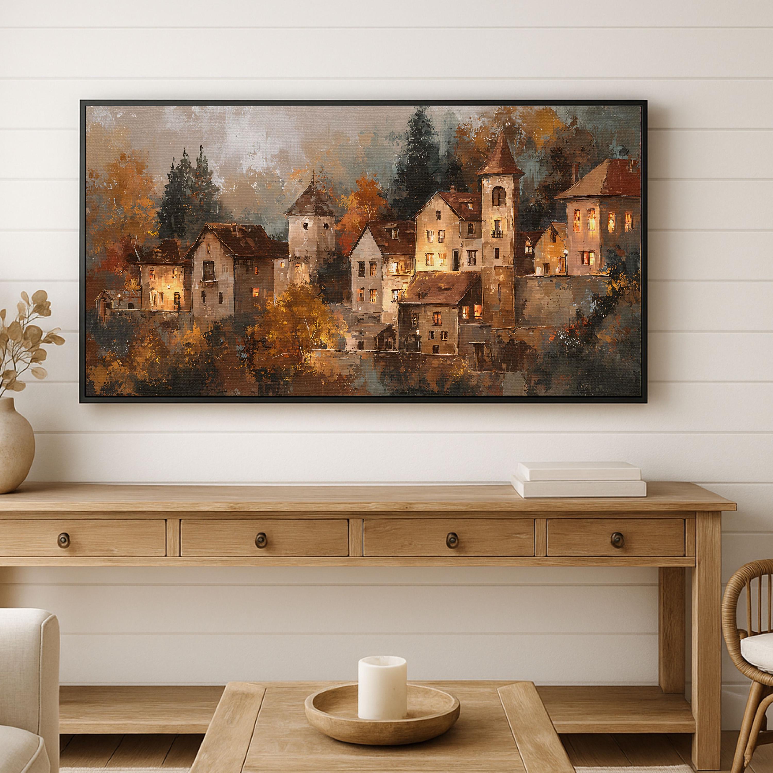 秋のヨーロッパの村のヴィンテージ絵画フレームTVアート、秋の街の絵画