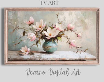 FRAME TV Art | Pink Magnolia Still Life | Rustic Farmhouse Spring Decor | Neutral Floral Artwork for Samsung Frame TV