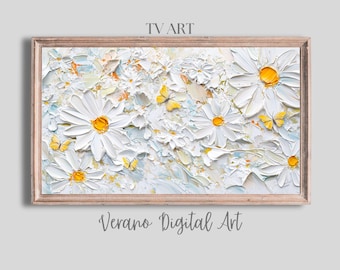 FRAME TV Art Textured Daisy floral painting with yellow butterflies | Samsung Frame TV Digital Download, Textured Tv Art, Floral Wall Art