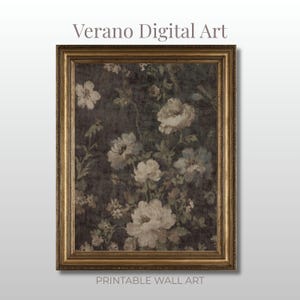 May include: A framed floral print featuring large white and light blue flowers against a dark background. The print is in a gold ornate frame. Text at the top reads "Verano Digital Art" and at the bottom "Printable Wall Art".